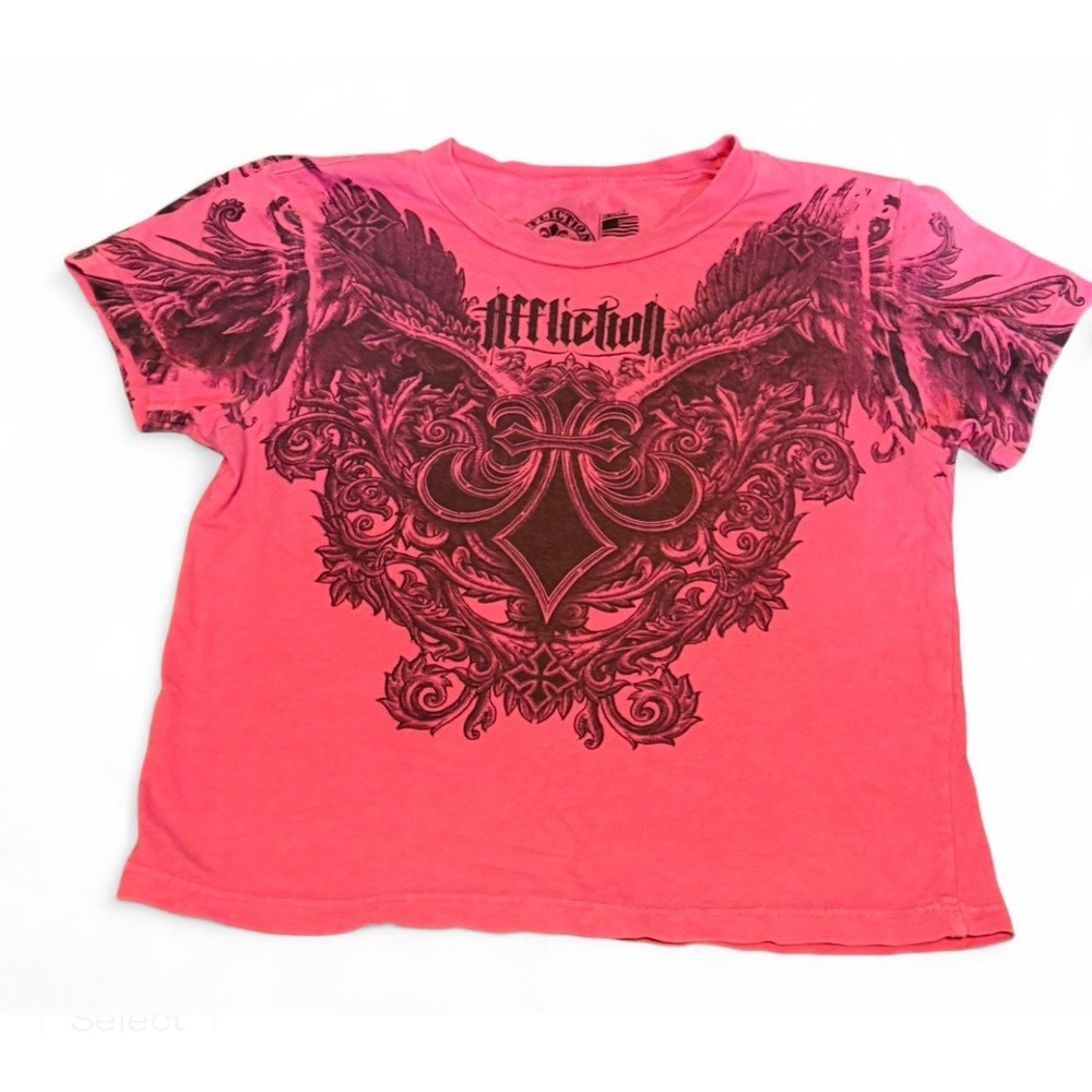 Affliction Kids Small Pink Black Winged Cross Graphic T-Shirt Y2K Tattoo Style